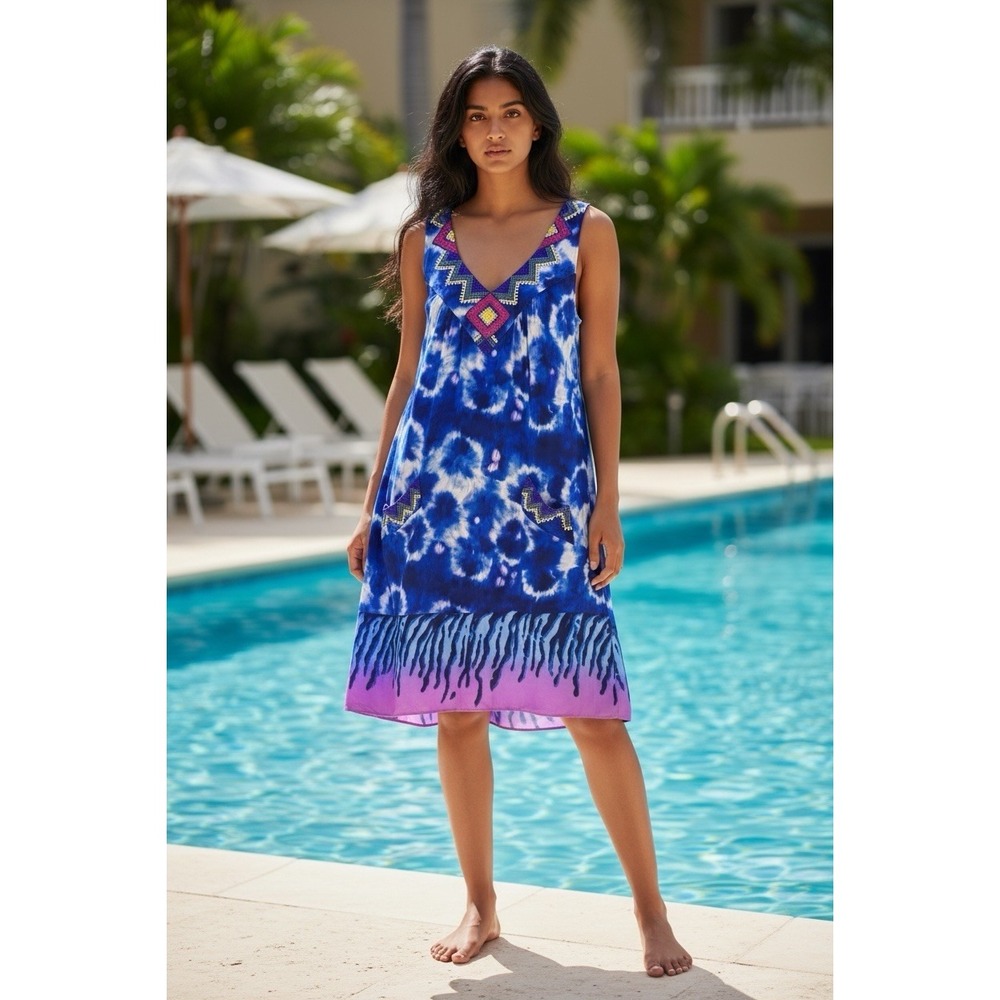 Calypso St Barth XS 100% Silk Beaded Swim Cover Up Dress Blue Tie Dye Sleeveless